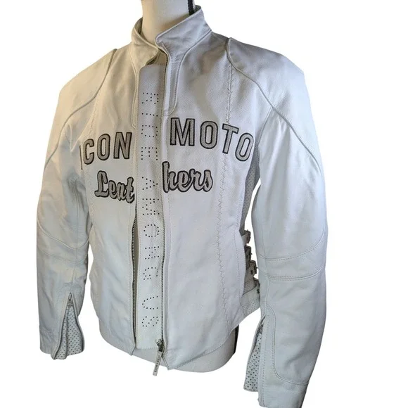 Icon Moto Leathers White Leather Motorcycle Biker Riding Jacket Buckle Side Sm - Picture 2 of 16